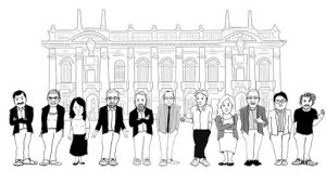 A black and white line drawing of 12 people standing in front of an ornate building.
