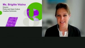 A World Intellectual Property Organization title slide saying Ms. Brigitte Vézina, Director, Policy and Open Culture, Creative Commons, decorated with purple and green abstract shapes and a large, gray number 8, next to a screen capture of Brigitte Vézina smiling and wearing earbuds.