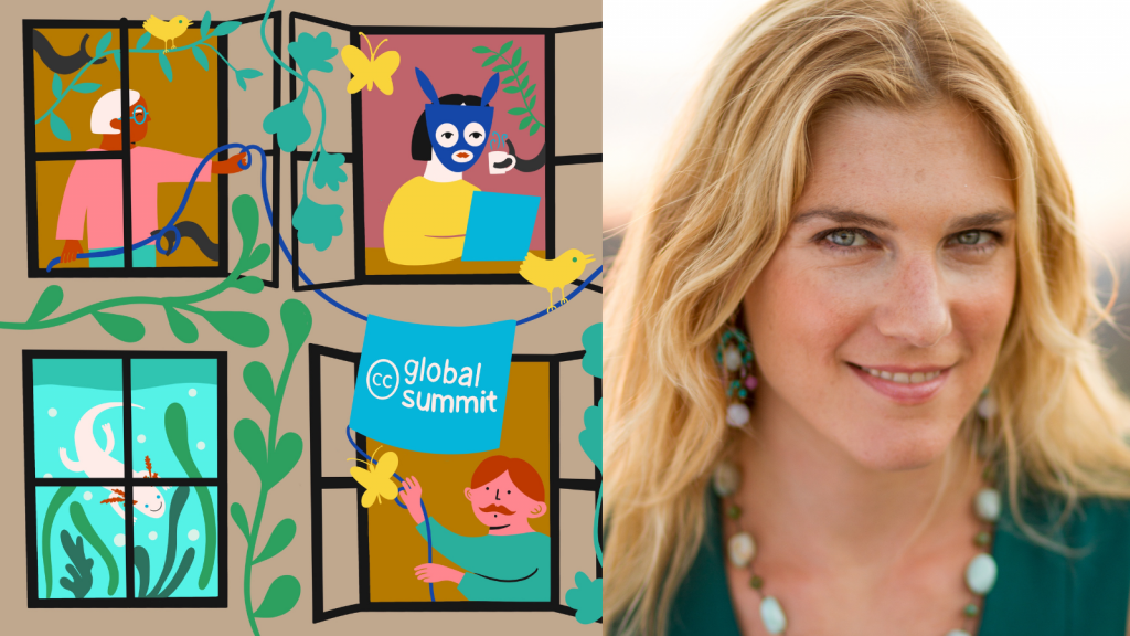 A headshot of Anya Kamenetz, smiling and wearing a greenish top, to the right of a colorful illustration of a wall of windows, each revealing a different human or animal doing some activity, on a building decorated with a light blue CC Global Summit banner hanging from a slender blue line, surrounded by yellow butterflies and birds and green vines and plants.