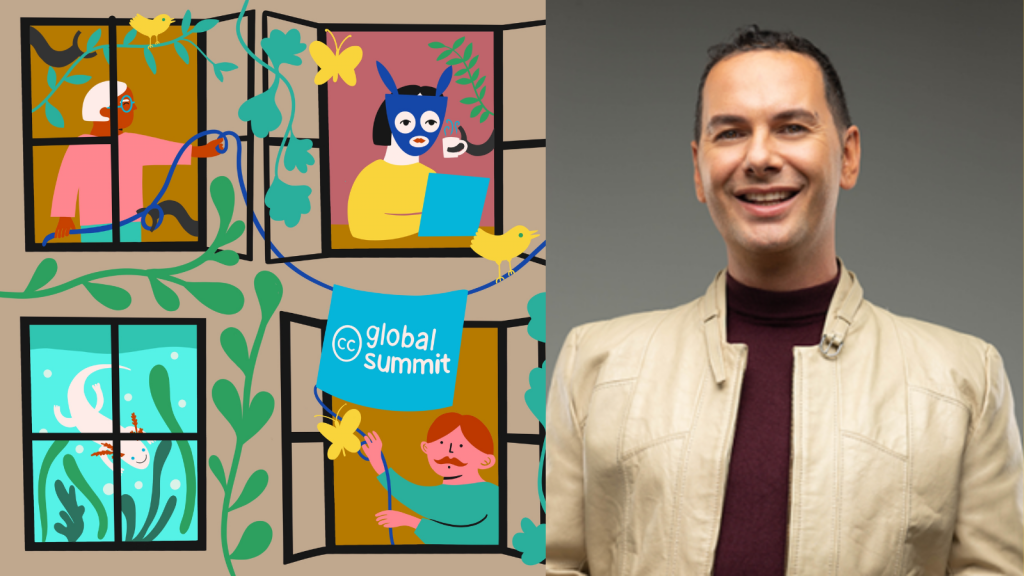 A headshot of Peter-Lucas Jones, smiling and wearing a rust top and tan coat, to the right of a colorful illustration of a wall of windows, each revealing a different human or animal doing some activity, on a building decorated with a light blue CC Global Summit banner hanging from a slender blue line, surrounded by yellow butterflies and birds and green vines and plants.