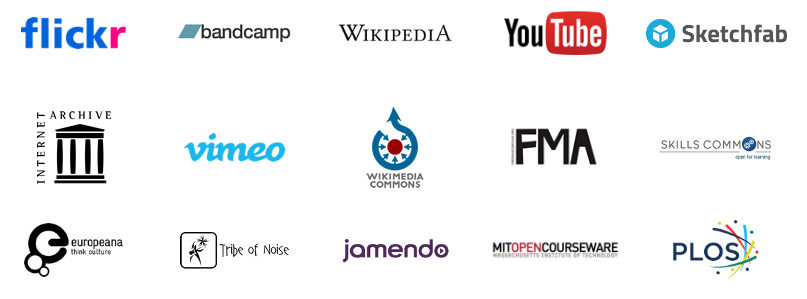  Logos for Flickr, Bandcamp, Wikipedia, YouTube, Sketchfab, Internet Archive, Vimeo, Wikimedia Commons, Free Music Archive, SkillsCommons, Europeana, Tribe of Noise, Jamendo, MIT OpenCourseWare, and PLOS.