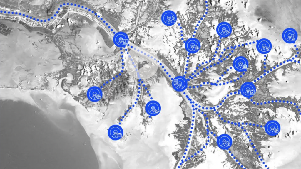 A black and white aerial view of a river landscape, with a network of blue lines connecting blue icons representing the locations of potential open climate speakers.