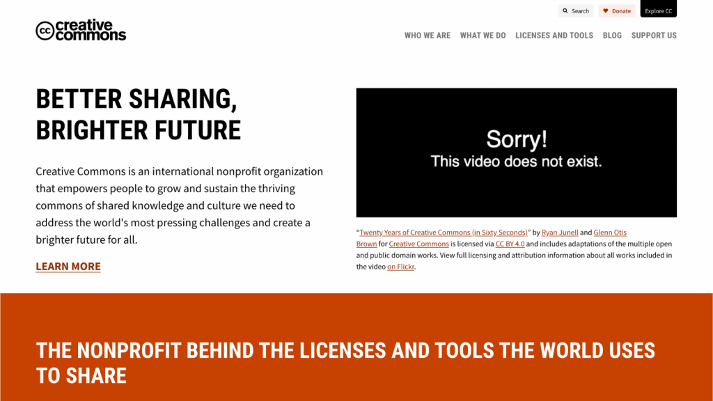 Screenshot of the Creative Commons home webpage, showing a missing video replaced with the text “Sorry! This video does not exist.”