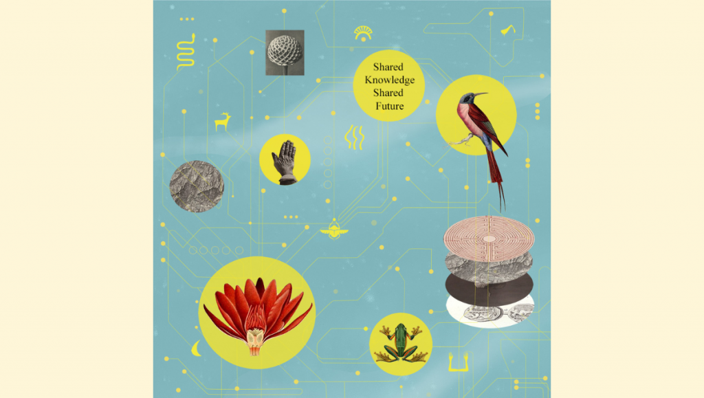 A collage of photos of various objects — bird, flower, hand, etc — and various icons all interconnected by bright yellow lines with occasional dots, like a circuit board, all on a light blue background with the text: Shared Knowledge, Shared Future. On a yellow background.