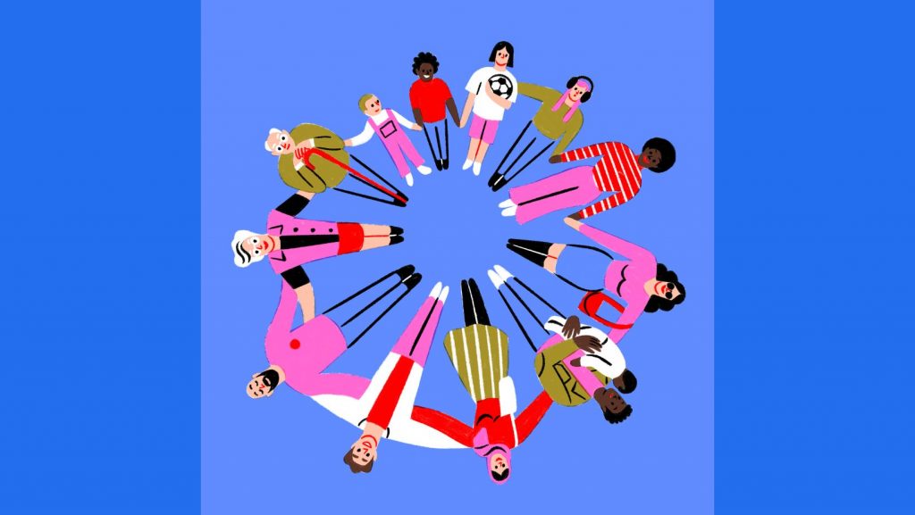 Circle of people holding hands on blue background