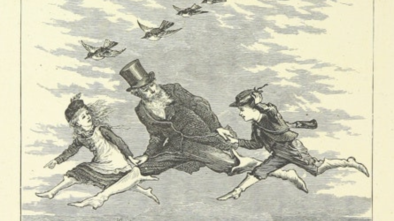In a segment of a black and white etching, a bearded man in a tophat and coat holds hands with two children as they all leap in the air, birds above them, wearing matching white boots seemingly enabling them to fly.