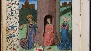 A medieval manuscript representing three richly-clad women in front of a green, hilly landscape with castles in the background.