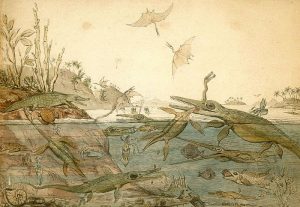 An illustration of a prehistoric landscape with dinosaurs and reptiles.