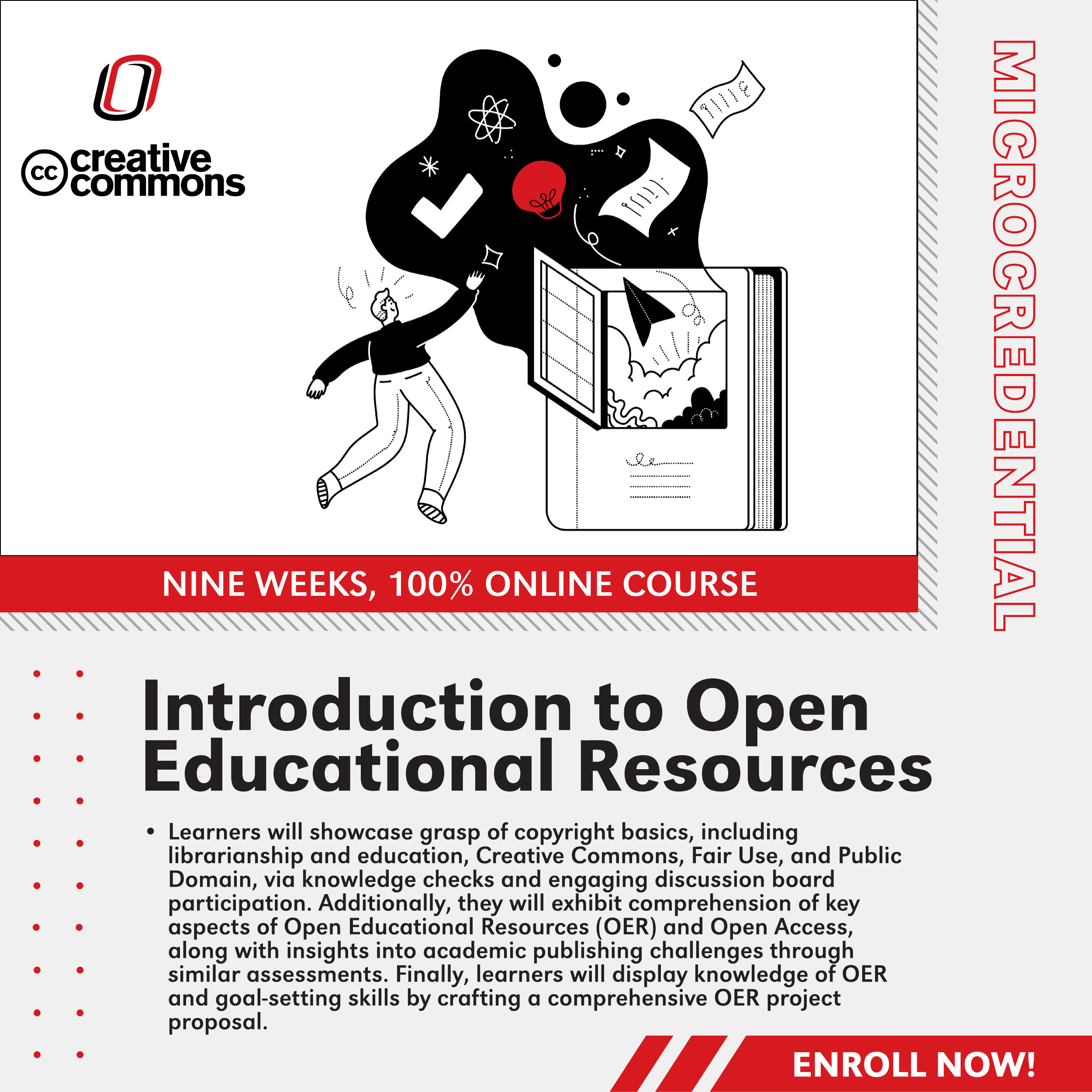 poster for Introduction to Open Educational Resources featuring image of a person reaching for images associated with learning, flowing out of a book on the right. Images include a check mark, paper, light bulb band atom symbol.