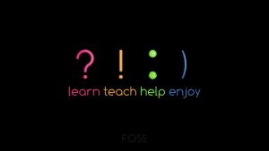 On a black background, the symbols “? ! : )” appear. Directly underneath the symbols are the words “learn,” “teach,” “help,” and “enjoy.”