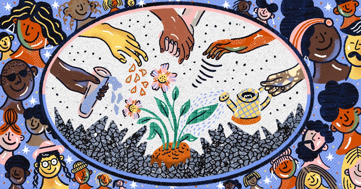 A colorful image with drawn people around a circle that includes different hands watering a flower