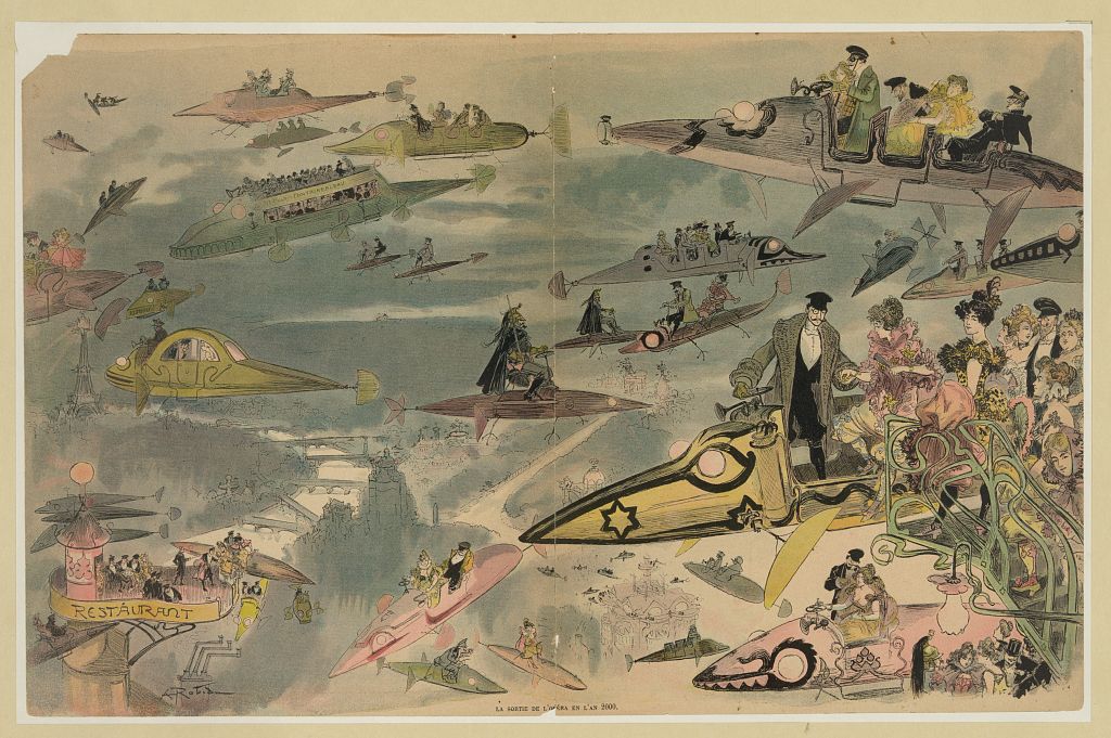 Print shows a futuristic view of air travel over Paris as people leave the Opera. Many types of aircraft are depicted including buses and limousenes, police patrol the skies, and women are seen driving their own aircraft.