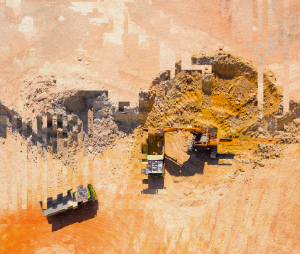 A bird's eye view photo of an orange sand mine with transport lorries, but the image is slightly distorted by digital artefacts.