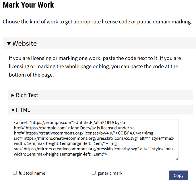 screenshot of machine readable text from CC License Chooser