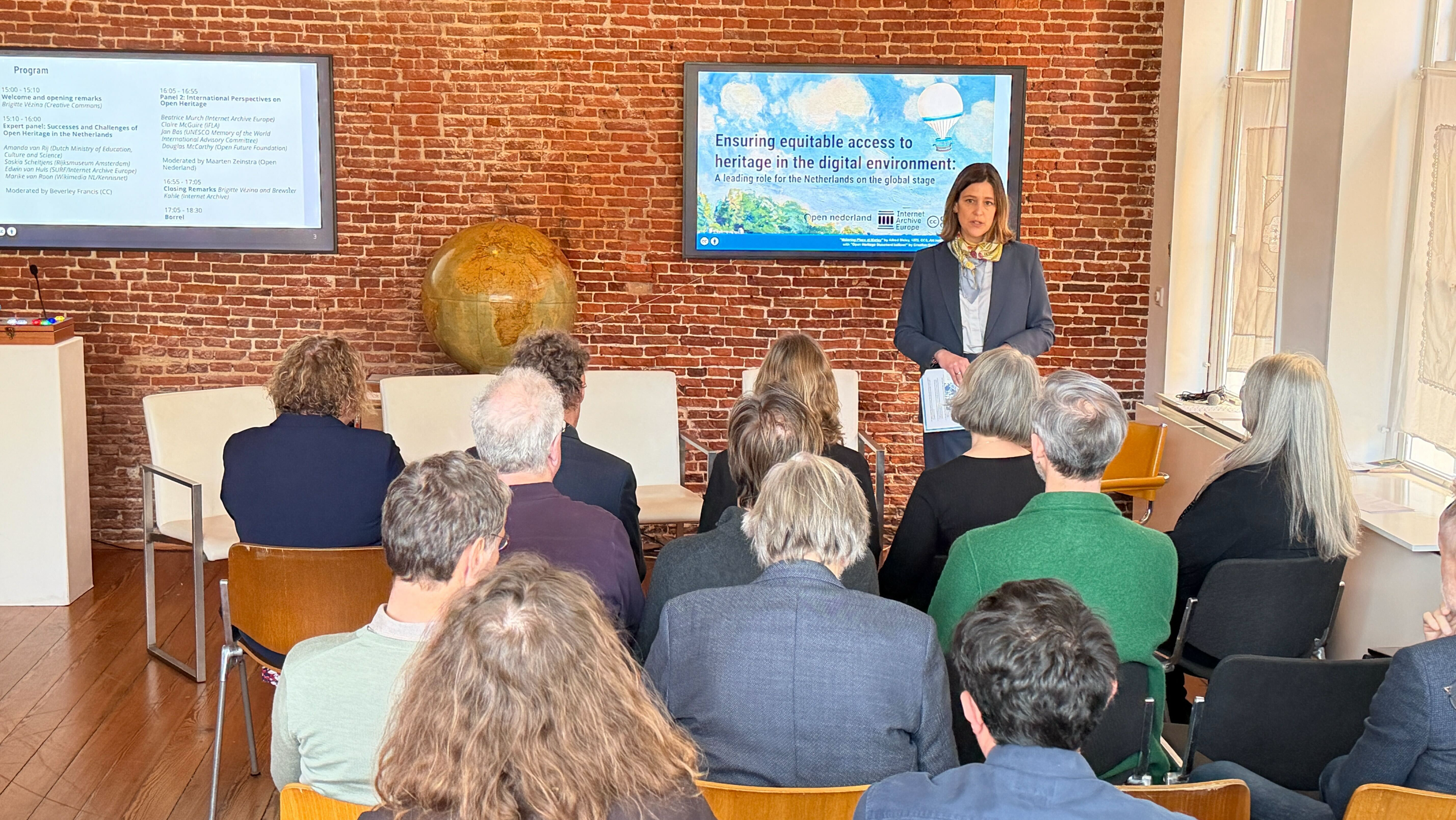Brigitte V&eacute;zina gives welcoming remarks at an Open Heritage Statement event in Amsterdam in March 2026.