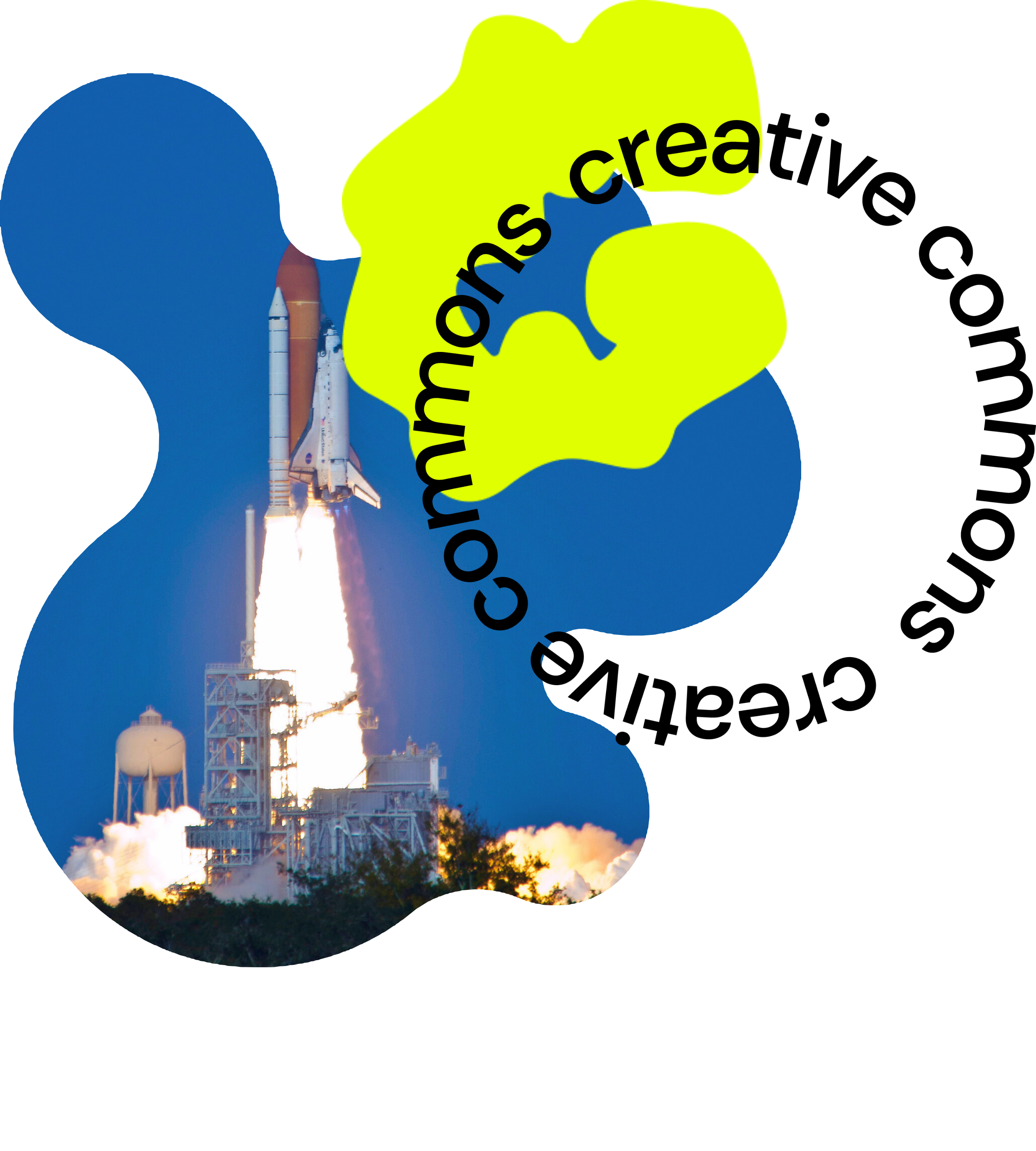 A photo of a shuttle launch, cropped into an amorphous shape, is layered with a bright-green 