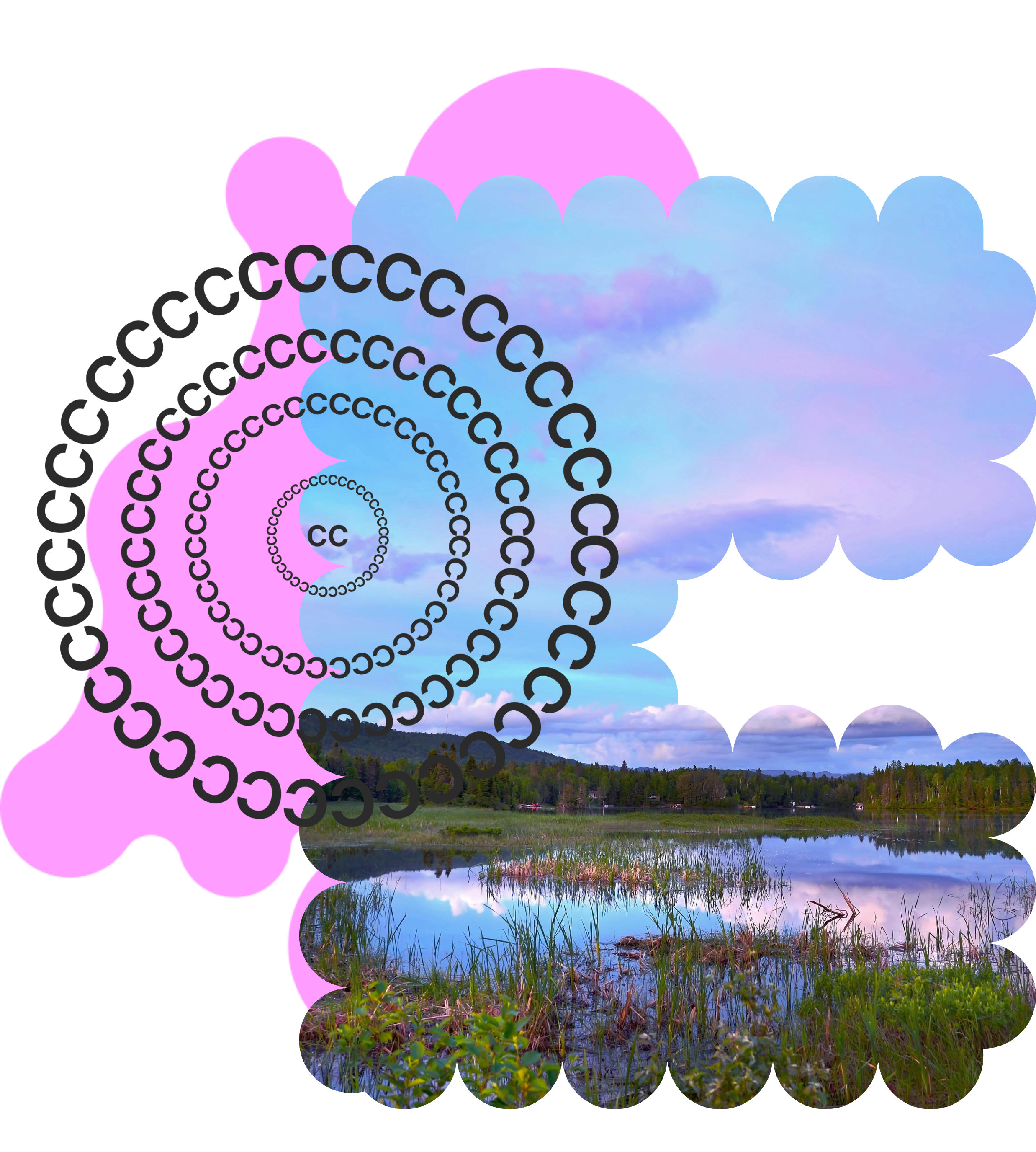 A photo of a purple-blue sky over a lake surrounded by green trees, cropped into a boxy 