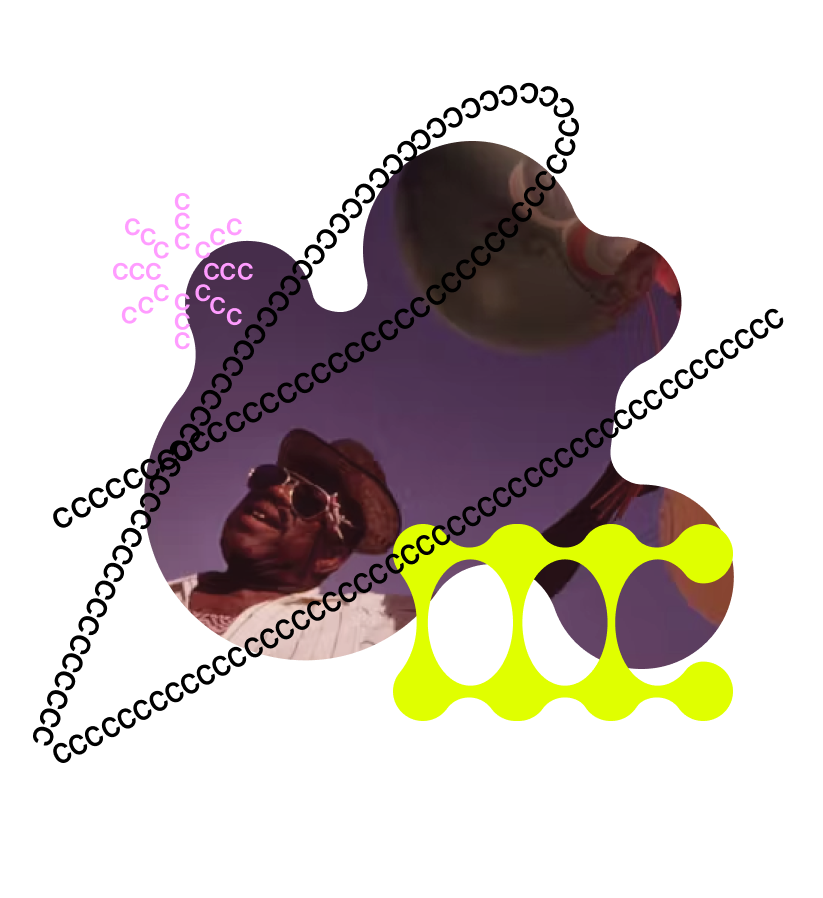 A photo of a man selling balloons by John H. White is cropped into an amorphous shape and layered with a lime-green squiggle and a line made of C's as part of CC's visual brand.