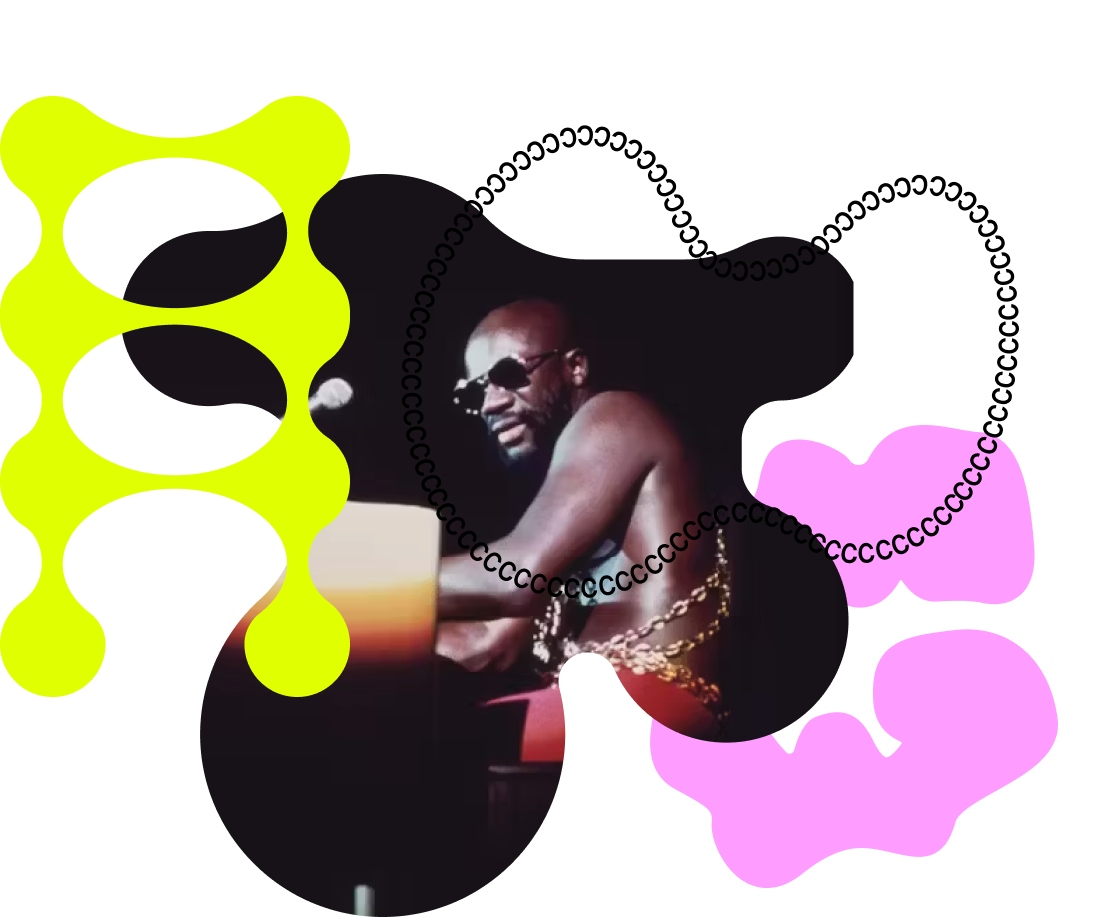 A picture of Black soul singer Isaac Hayes performing at the International Amphitheater in Chicago, taken by John H. White, is cropped into a rounded shape and layered with abstract green and pink shapes and a ring of black C's as part of Creative Commons' visual brand