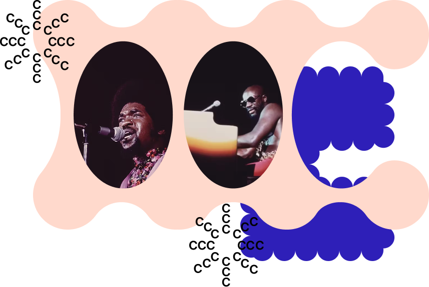 Two photos of Black singers performing, taken by photographer John H. White, are layered with a peach frame and a cobalt-blue letter 'C'
