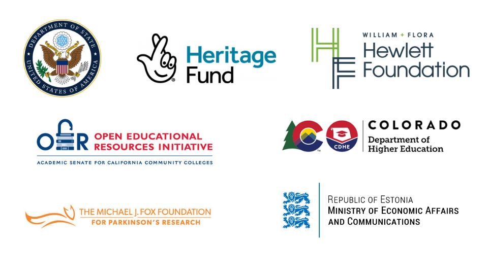 Logos of the US Department of State, Heritage Fund, Hewlett Foundation, Open Educational Resources Initiative, Colorado Department of Higher Education, the Michael J. Fox Foundation, and the Republic of Estonia Ministry of Economic Affairs and Communications