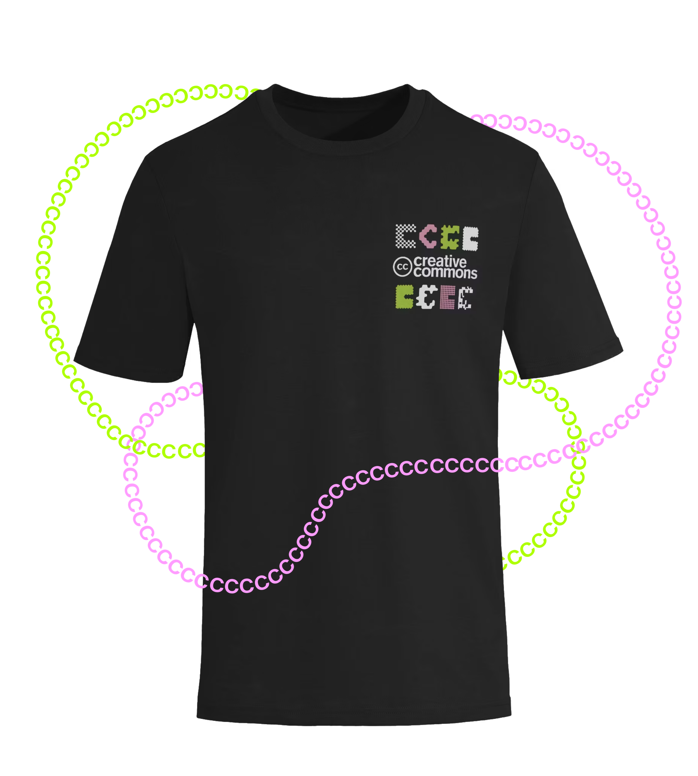 black short sleeved t-shirt with a stylized CC logo on the upper left area of the shirt