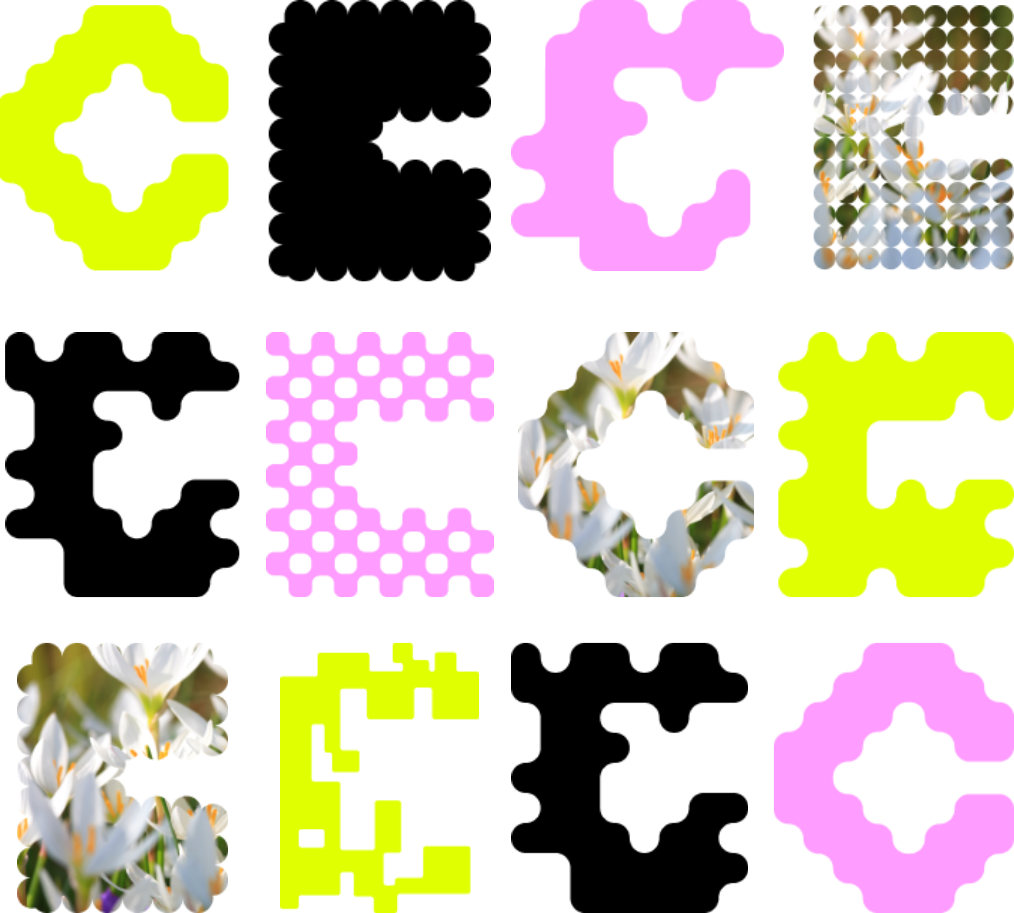 Twelve C's of different shapes in green, pink, and black are set in a grid with a picture of white flowers cropped into C shapes.