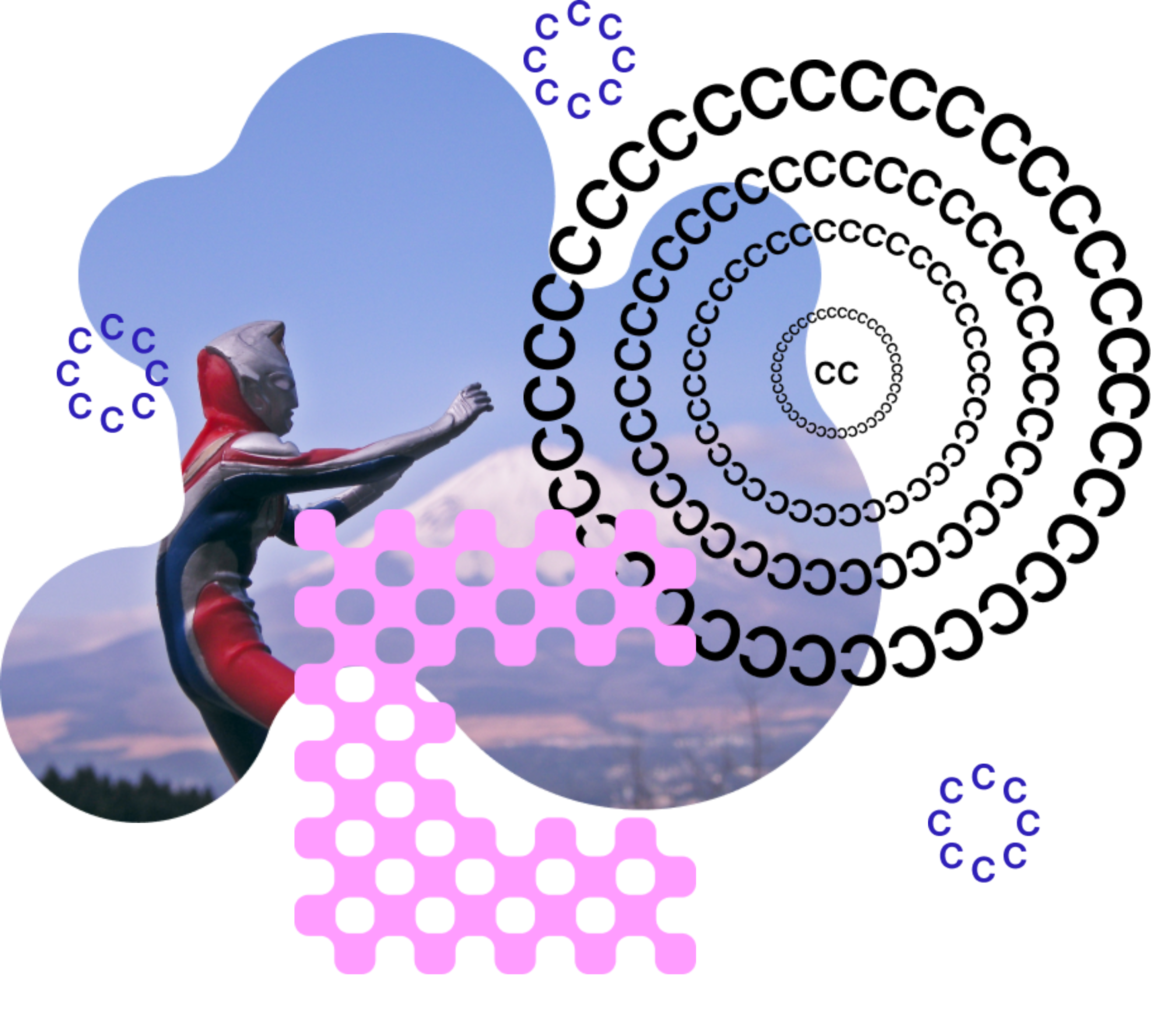 A photo of a man in a red-and-silver costume posing with Mount Fuji is cropped into an amorphous shape and layered with circles made out of C's and a pink C shape as part of CC's visual brand.
