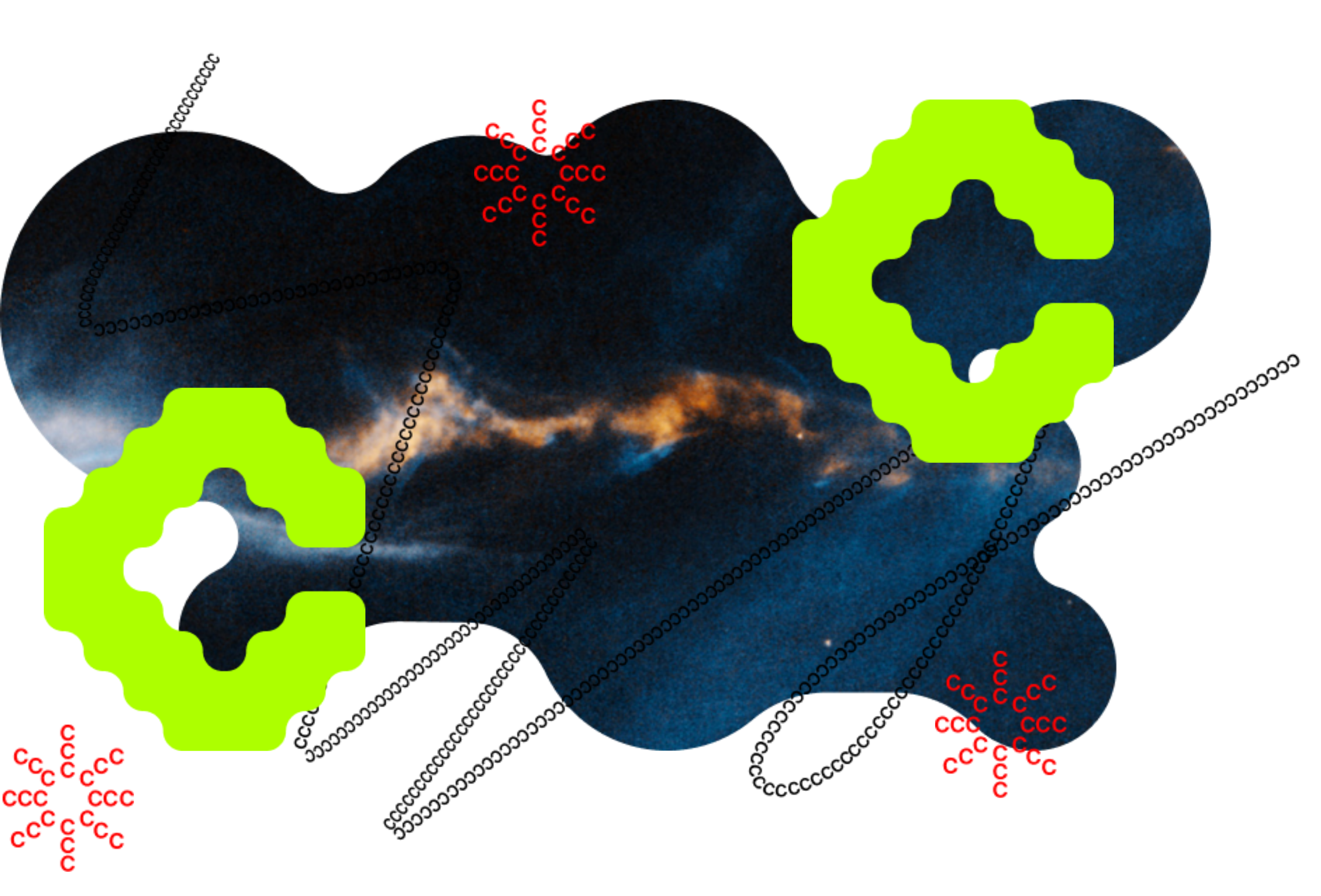 A photo of supersonic jets taken by the Hubble Telescope is cropped into an amorphous shape and layered with neon-green C's and red flourishes made out of C's as part of CC's visual brand.