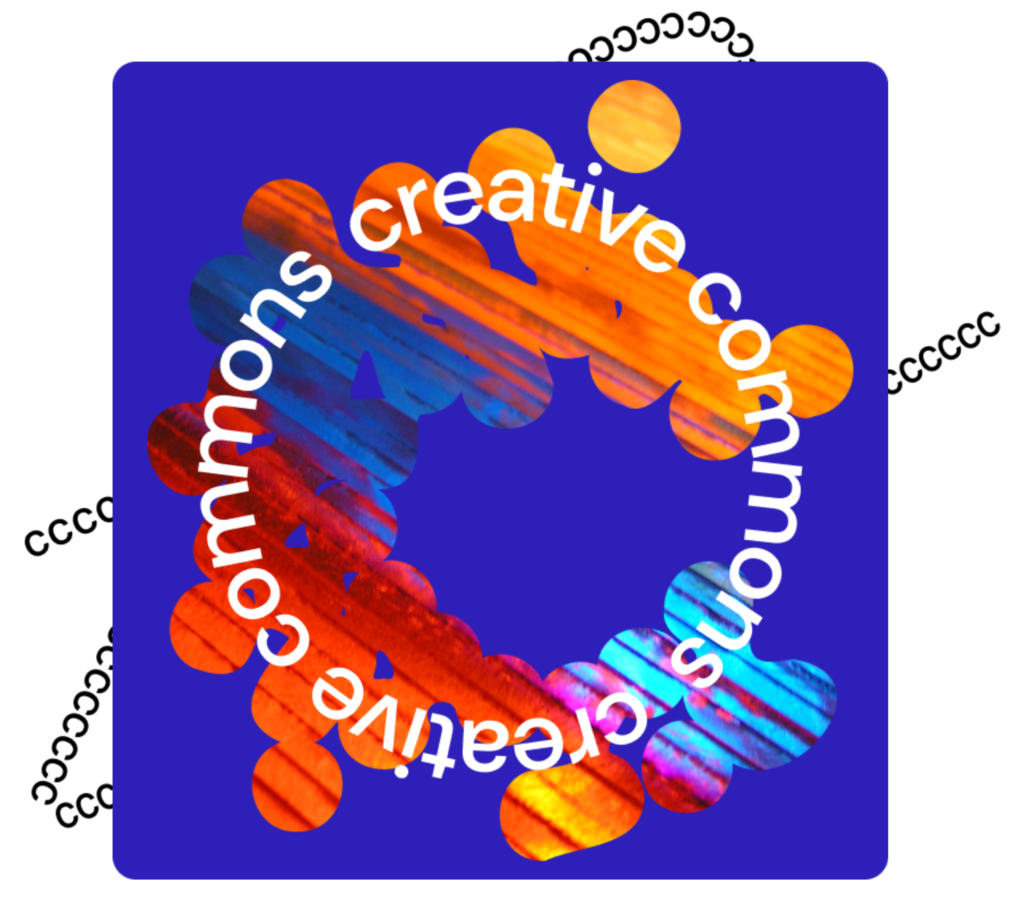 A colorful C shape is atop a dark blue background and behind the words 