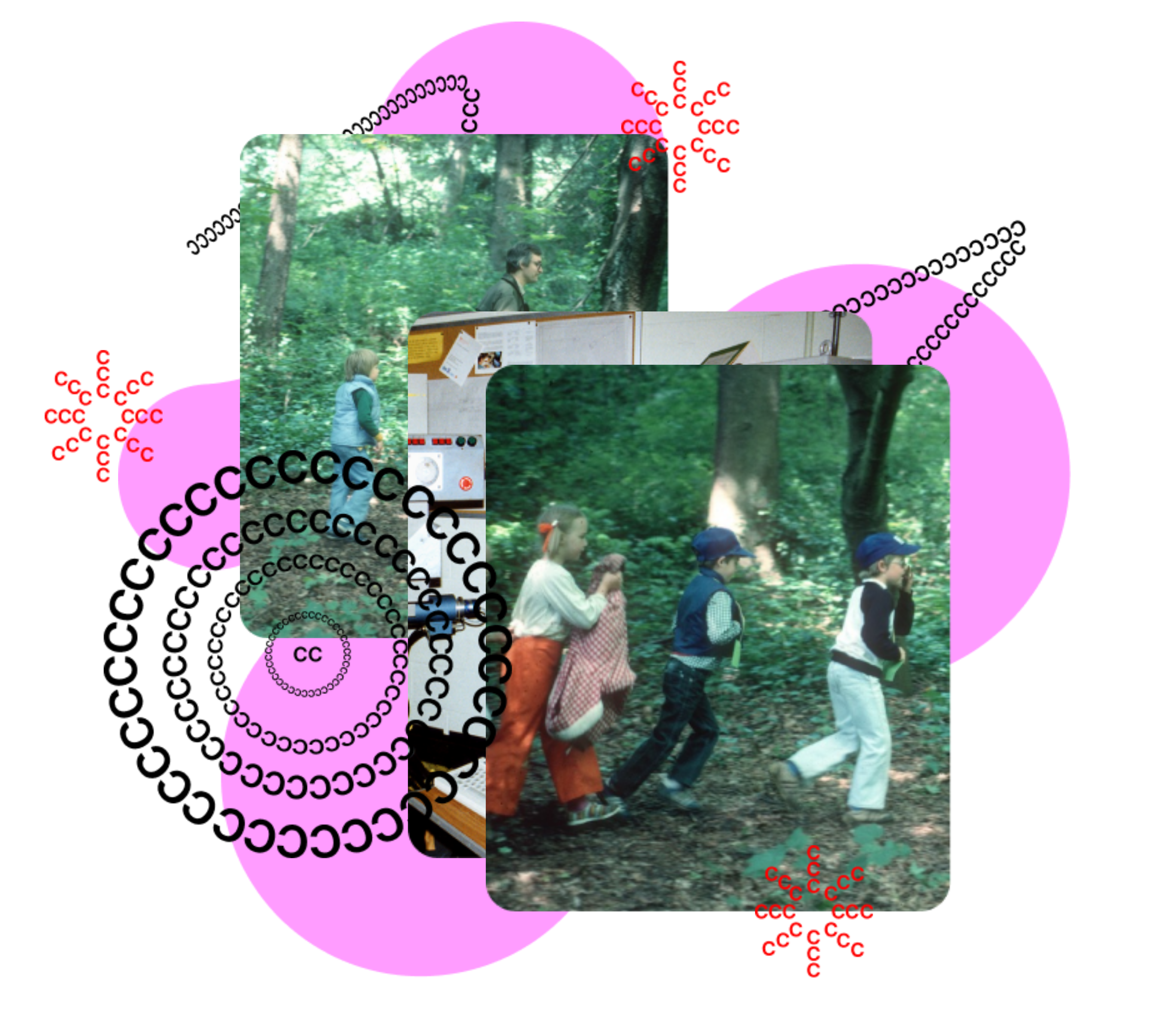 A photo of children on a hike in the woods and a photo of an old computer are layered with a bright-pink blog, a circle made of C's, and a zigzag line made of C's as part of CC's visual brand.
