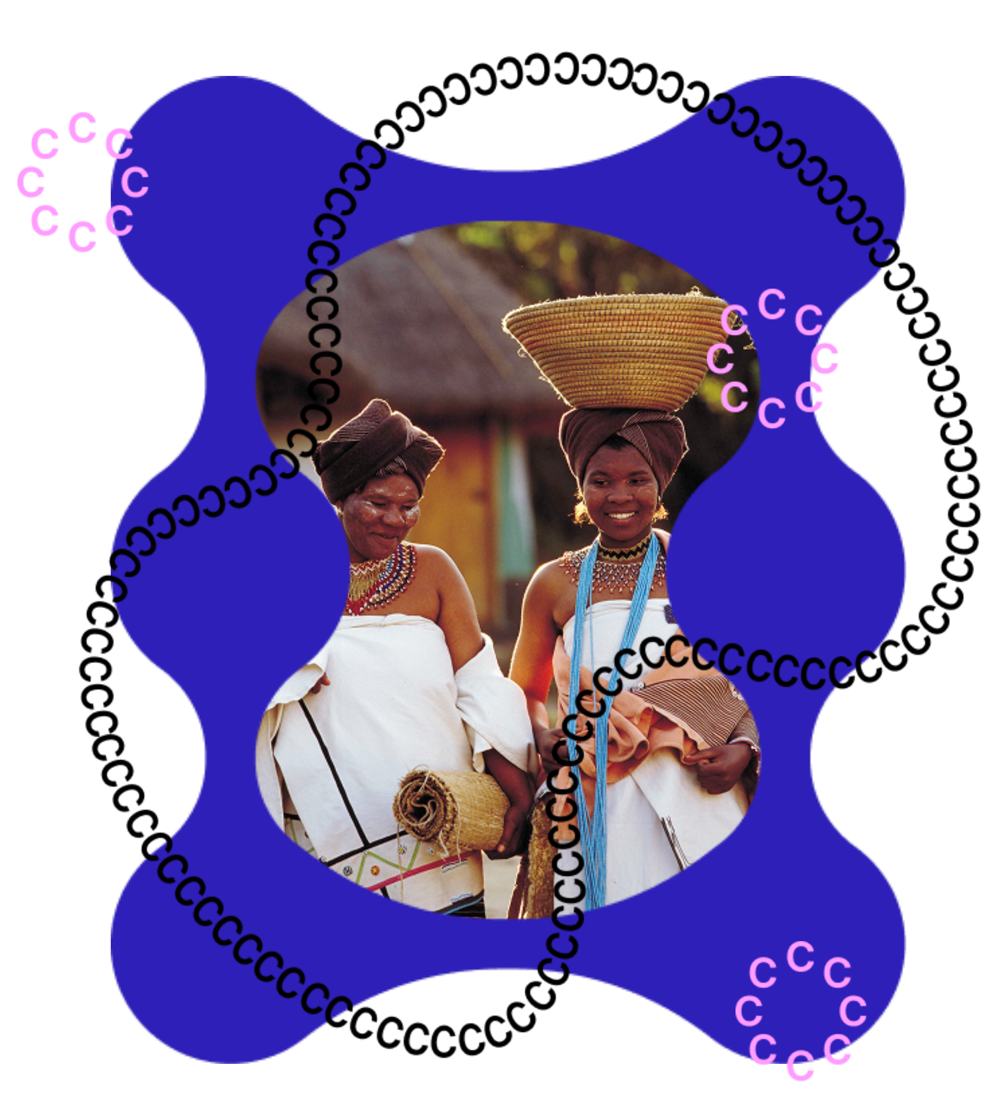 A photo of two women in South Africa walking in a village is framed by a dark-blue curvy shape and layered with a swirl made out of C's as part of CC's visual brand.