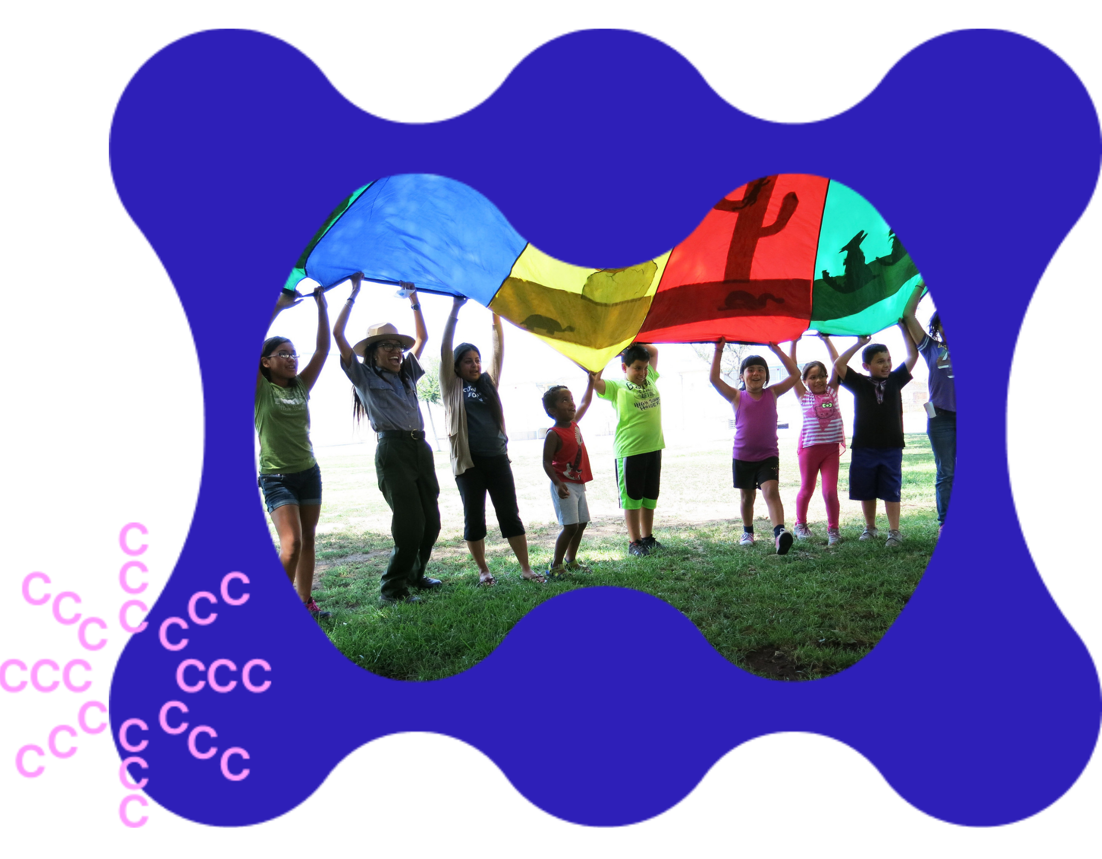 A photo of children playing with a rainbow parachute during a summer camp activity is framed by a blue blog and layered with a burst of pink 