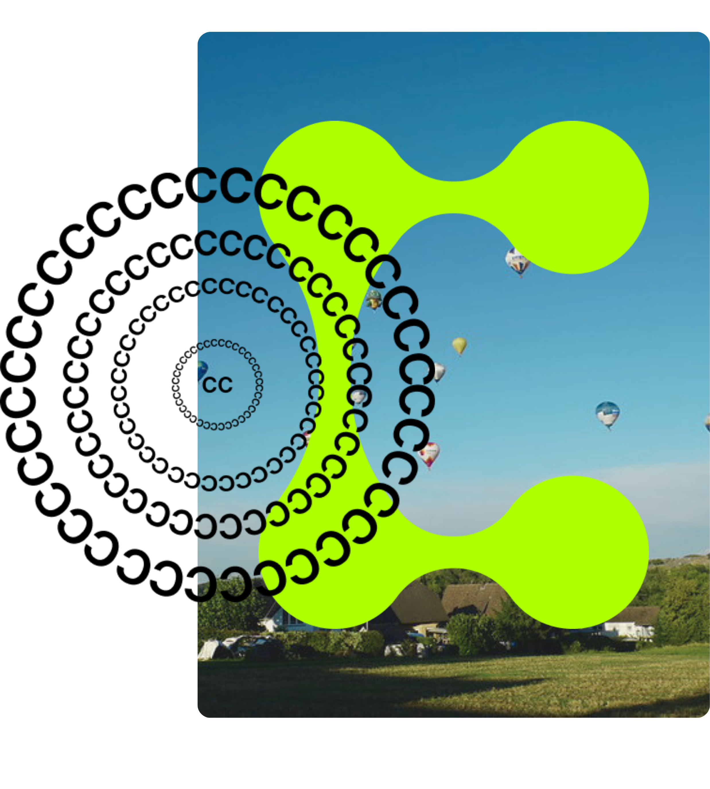 A photo of hot air balloons taking off into a blue sky is layered with a bright-green 