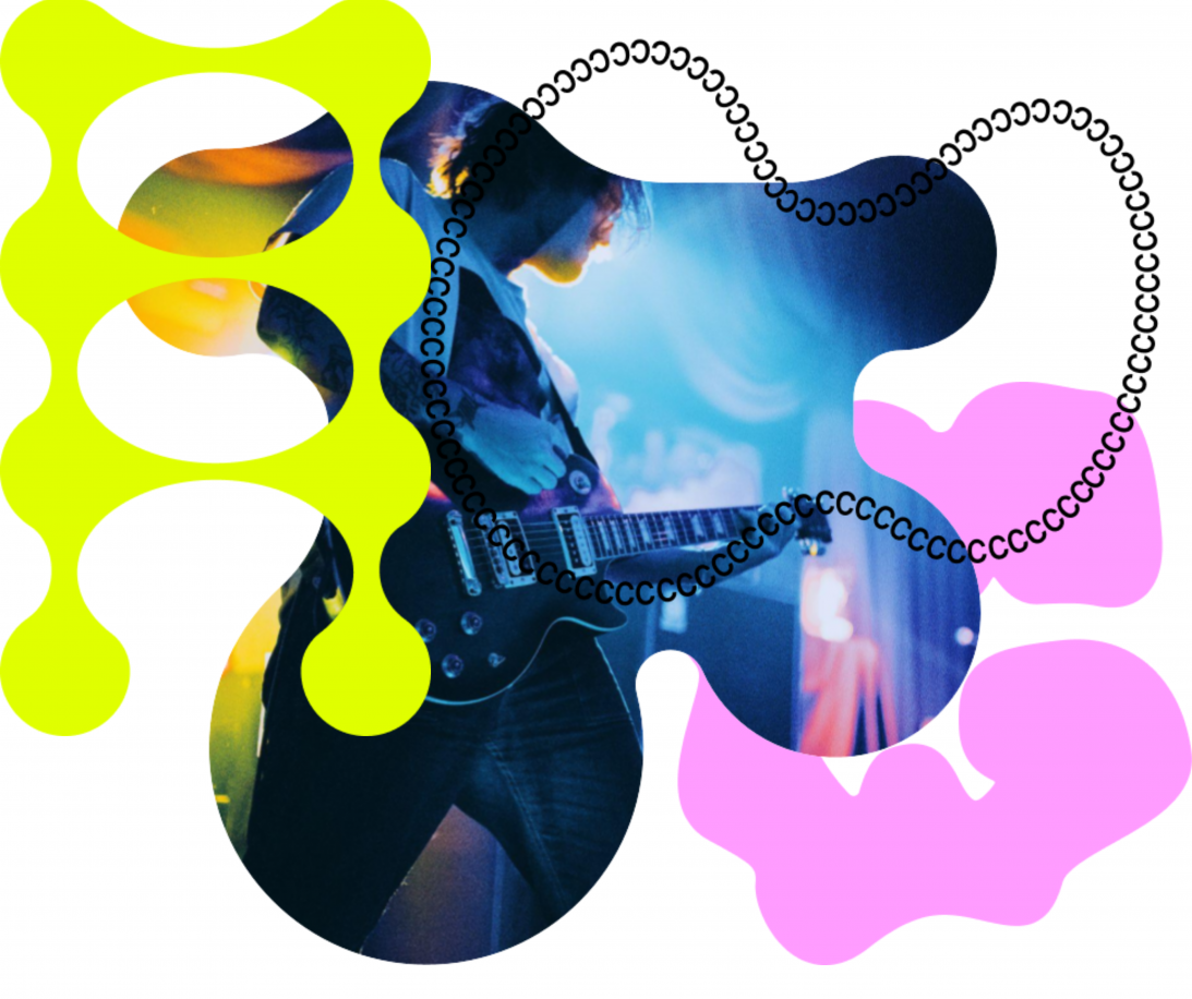 A photo of a musician playing guitar on stage layered with a green and a pink abstract shape as part of CC's visual brand.