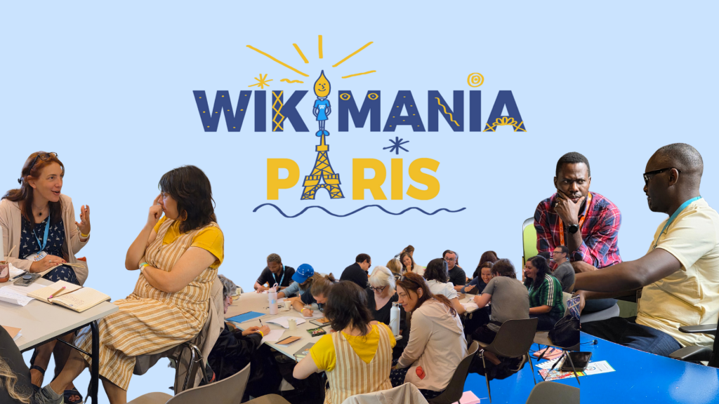 The Wikimania Paris 2026 logo surrounded by pictures from CC workshops during the conference.