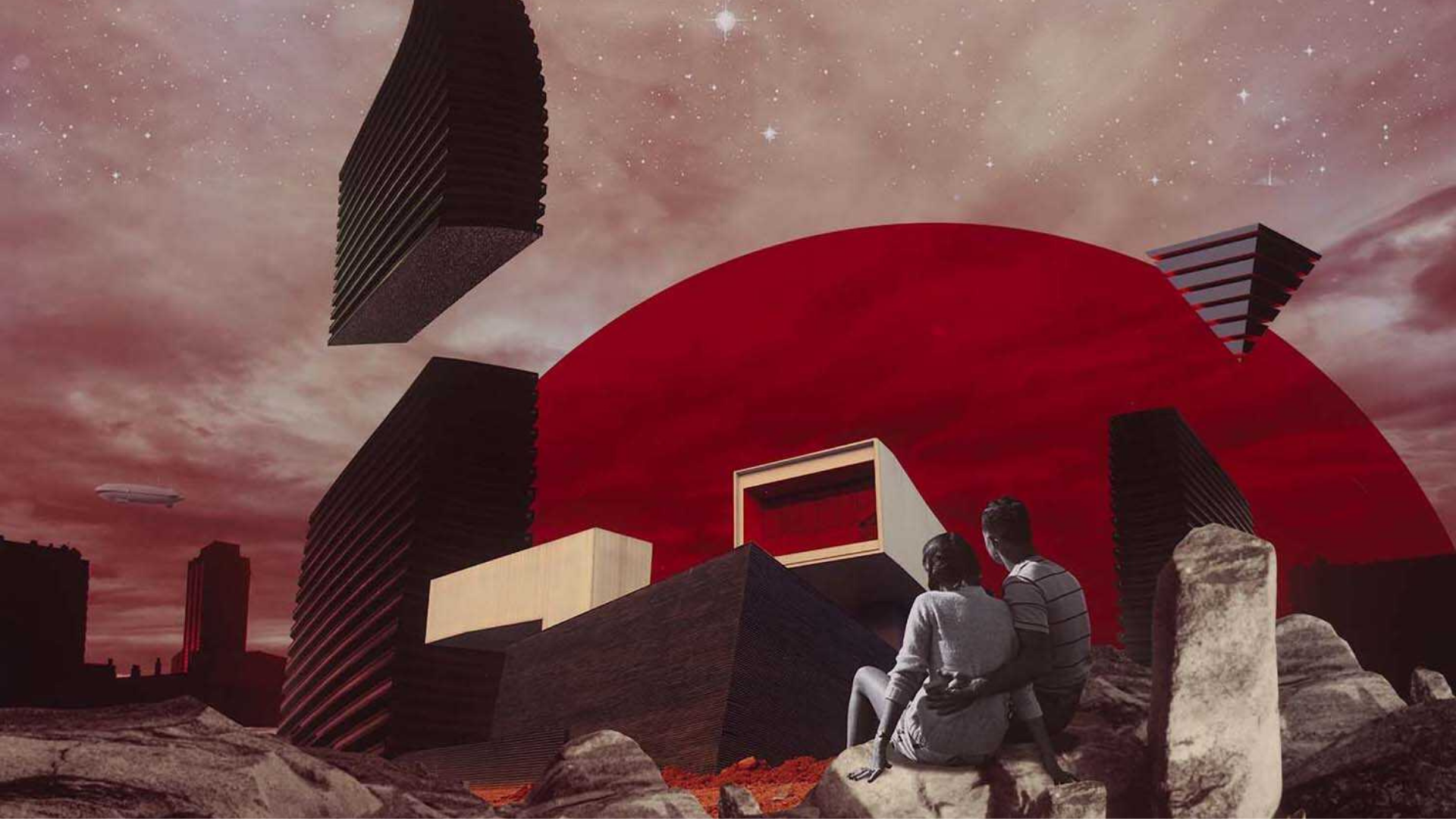 This digitally manipulated photograph shows a couple looking out over what appears to be some kind of planetary landscape. The artist utilizes geometric forms and collage to explore themes of space exploration, utopia, science, the future, and the negative consequences of the unknown.