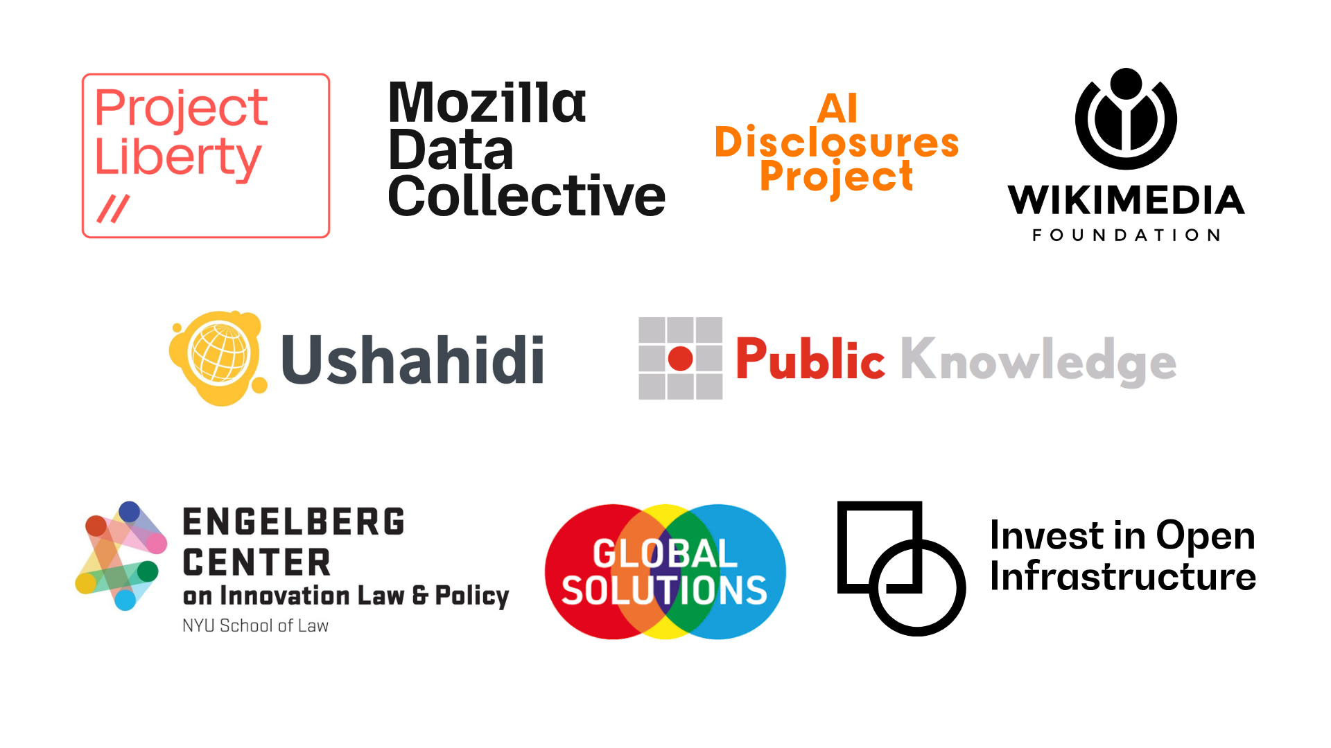 Co-Organizers: Project Liberty, Ushahidi, Public Knowledge, the Engelberg Center on Innovation Law & Policy, Global Solutions, Invest in Open Infrastructure, Mozilla Data Collective, Wikimedia Foundation, and AI Disclosures Project